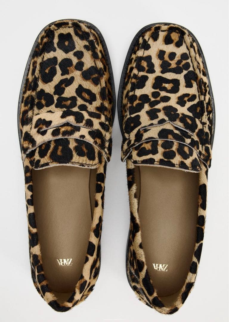 新品未使用】ZARA アニマル柄レザーモカシン レオパード ローファー 23