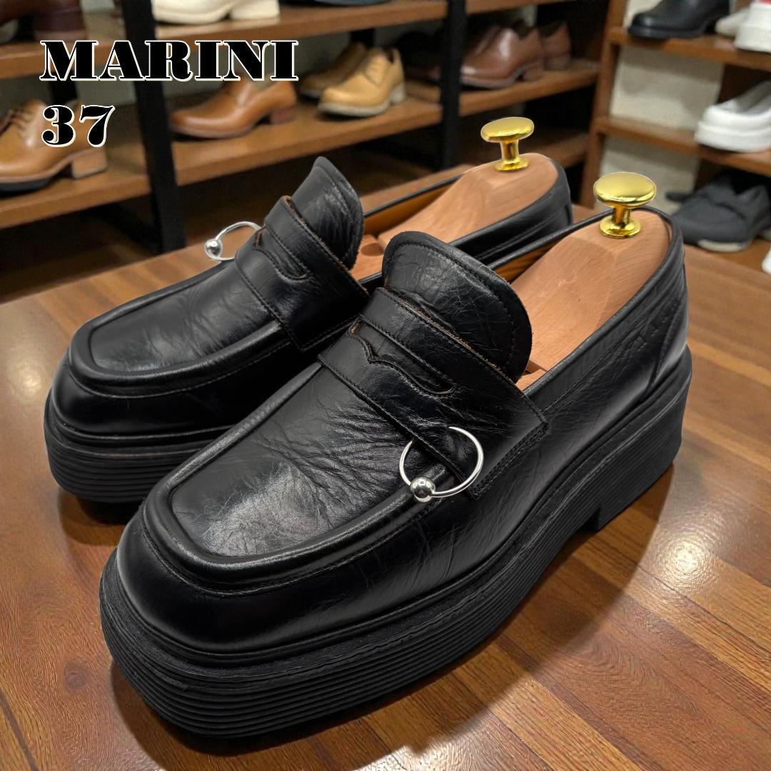 希少】MARNI マルニ ピアス ローファー リング 厚底 レザー 黒 37