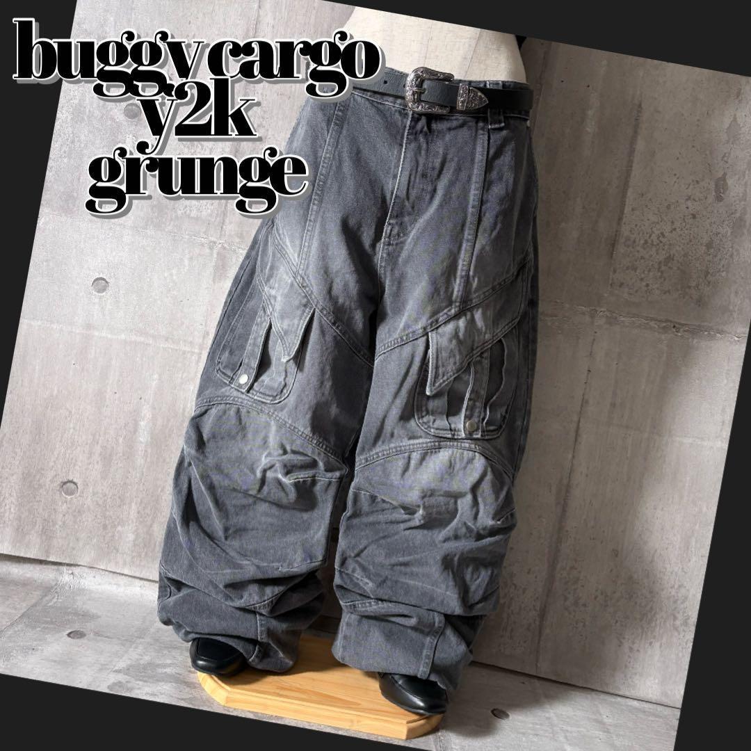 y2k wide buggy 3D black denim cargo fade - メルカリ