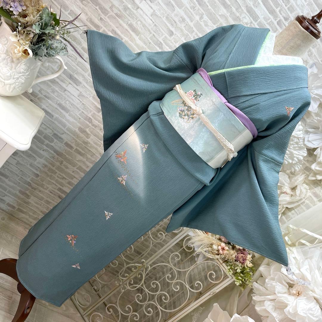 青緑色 小紋着物 刺繍入り 帯揚げ 正絹 刺繍入り 振袖 成人式 oa-065 ピーコックグリーン 青緑