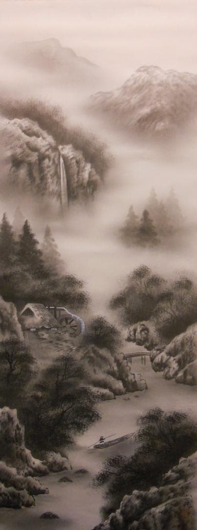 掛け軸  関口仙崖 水墨山水 絹本 希少 軸装 茶道具 掛軸 美品 です。 掛け軸 春堂 彩色山水 絹本 希少 軸装 茶道具 掛軸 美品 です。 掛け軸