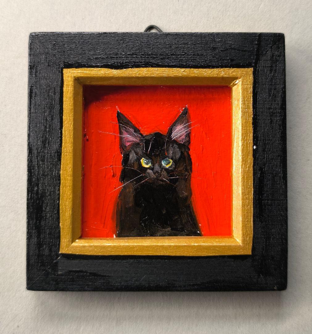 黒猫』油絵 ミニ絵画 原画 油彩画 額付き 手描き - メルカリ
