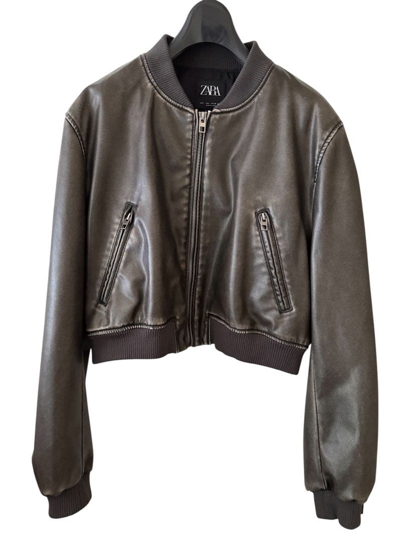 ZARA 洗える フェイクレザー ボンバージャケット ダメージ加工 短丈