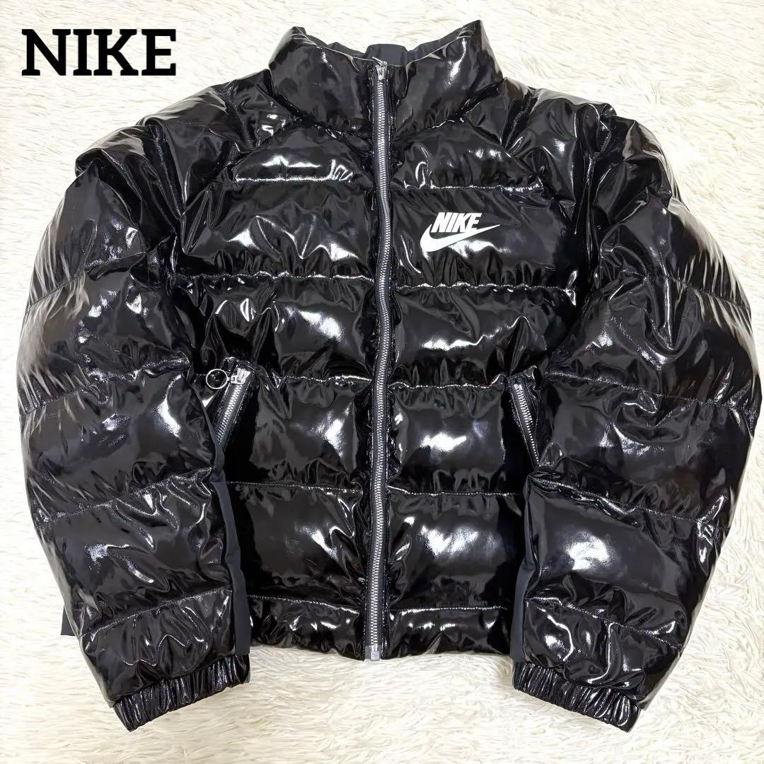 希少 NIKE ナイキ ダウンジャケット エナメル 光沢 ブラック 黒 短丈 S