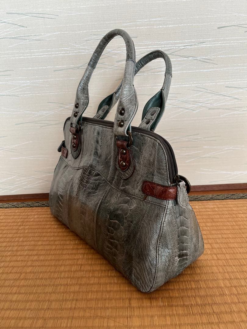 希少】本革 オーストリッチレッグ パッチワーク ハンドバッグ グレー系