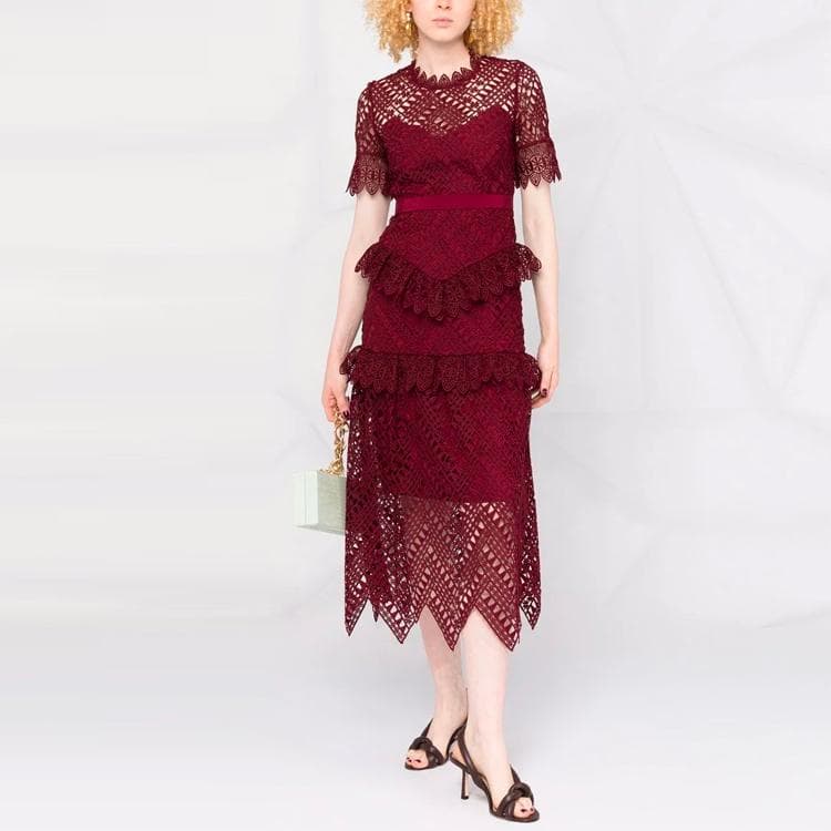 セルフポートレイト ワンピース スカラップ レース ボルドー UK8 未