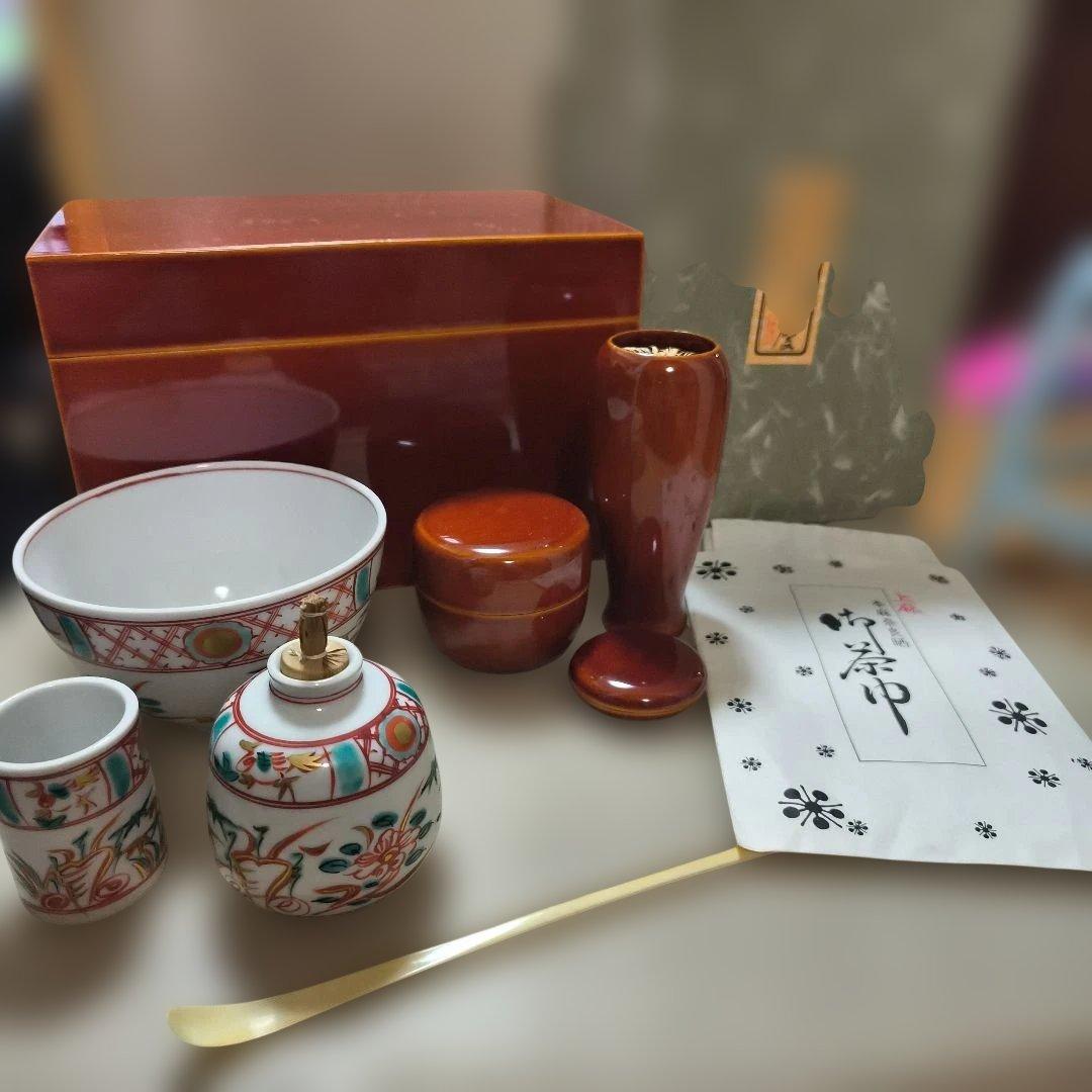 未使用　茶道具セット　飛騨春慶塗の茶箱 茶道具 茶箱 利休茶箱 春慶塗り 聡春作 三点セット付き 飛騨高山製