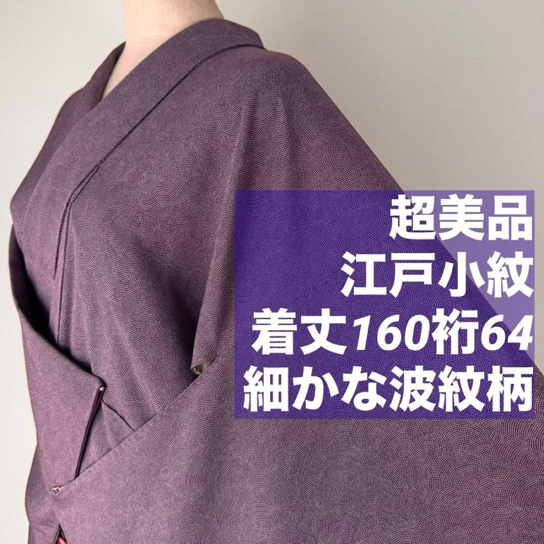 超美品 着物 正絹 袷 小紋 160裄64 江戸小紋 紫 単色 波柄 シンプル