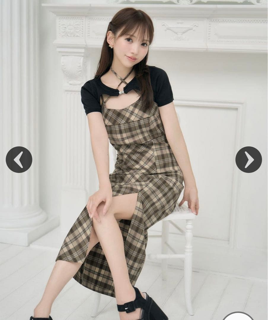 ミシェルマカロン アンサンブルチェックワンピース ベージュ XS - メルカリ