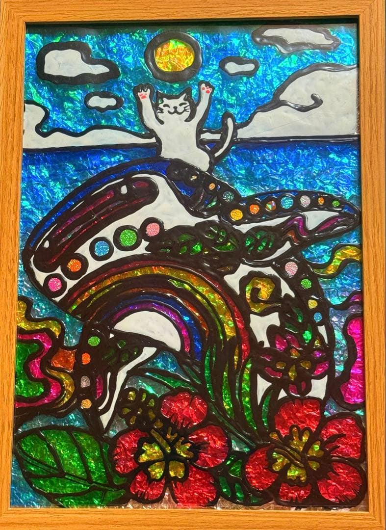 ジンベイザメと白猫ステンドグラスガラス絵の具開運絵画金運アート