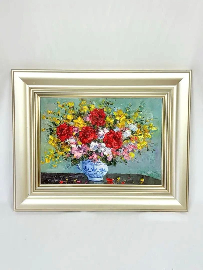 「薔薇」 　堀哲夫 【肉筆】油絵 油彩画 絵画 日本画 アート 花 直筆サイン有 絵画 油絵 ミモザとカサブランカ （堀哲夫） 【肉筆】【油絵】【花