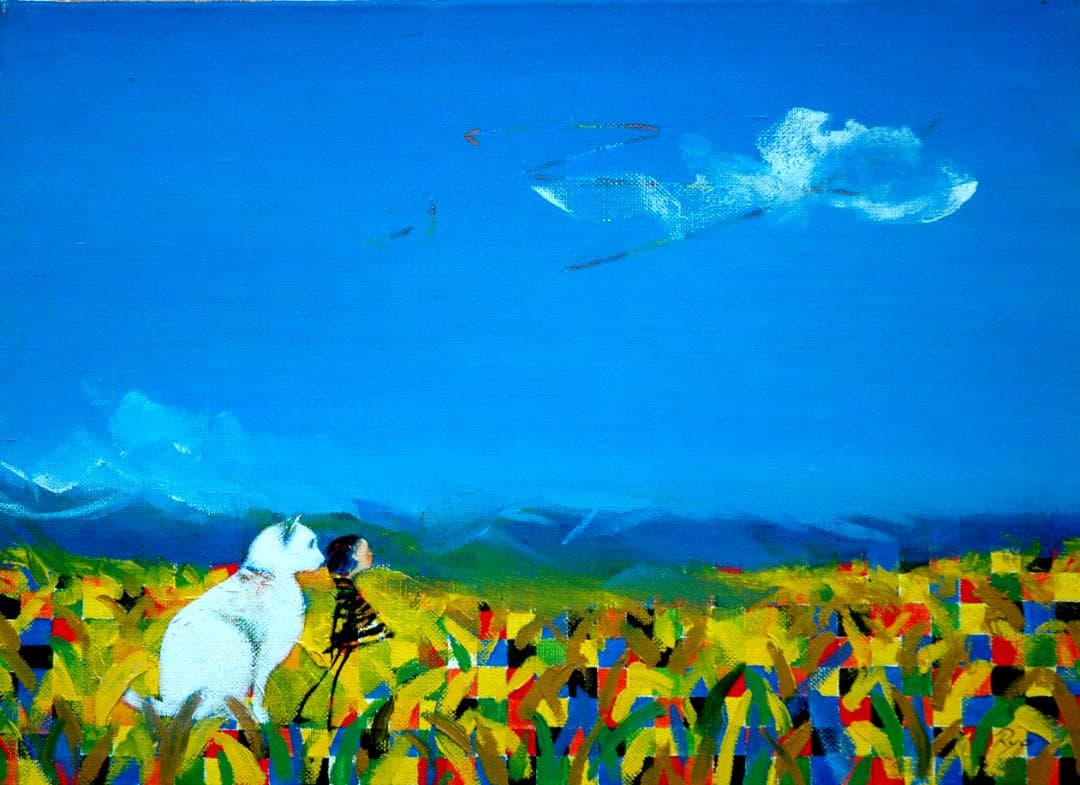 油絵菅家令子絵 絵画インテリア額付(青緑＋金色の枠)F4-072119