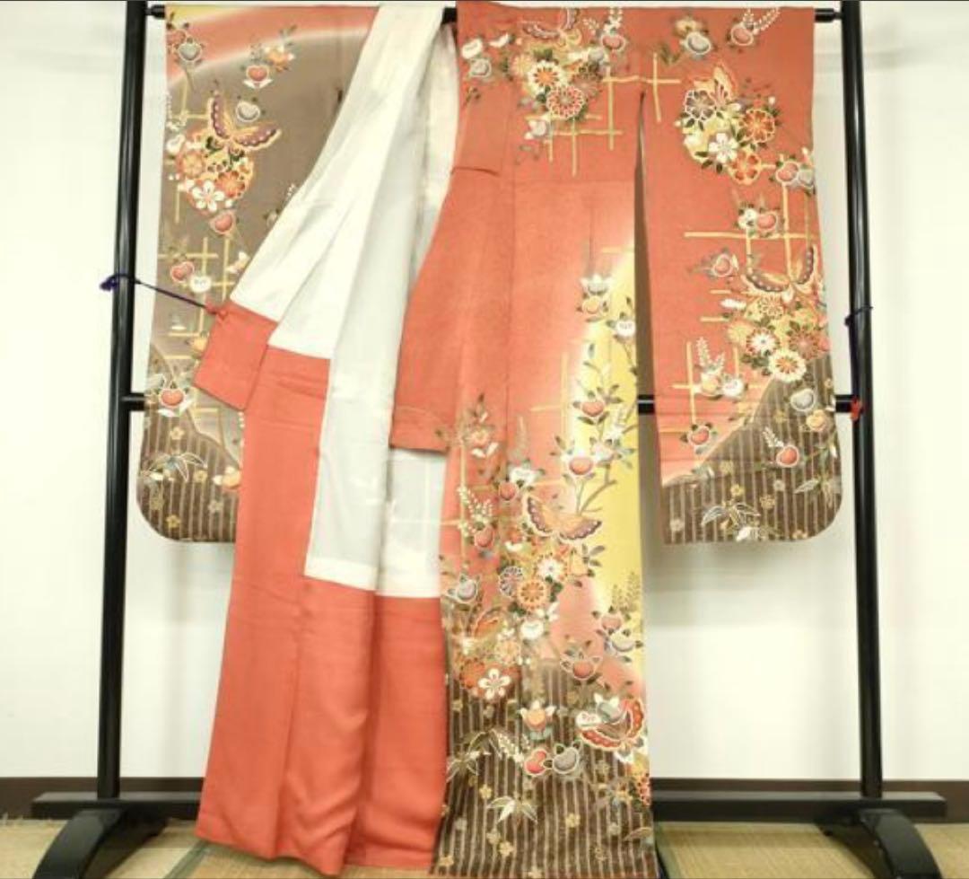 振袖フルセット6点サイズM〜L舞蝶花文 暈し染め