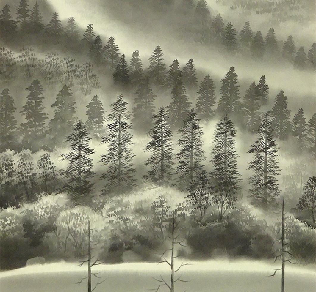 真作】掛軸 荻野次郎『大正池 山水図』絹本 肉筆 共箱 掛け軸 a072810