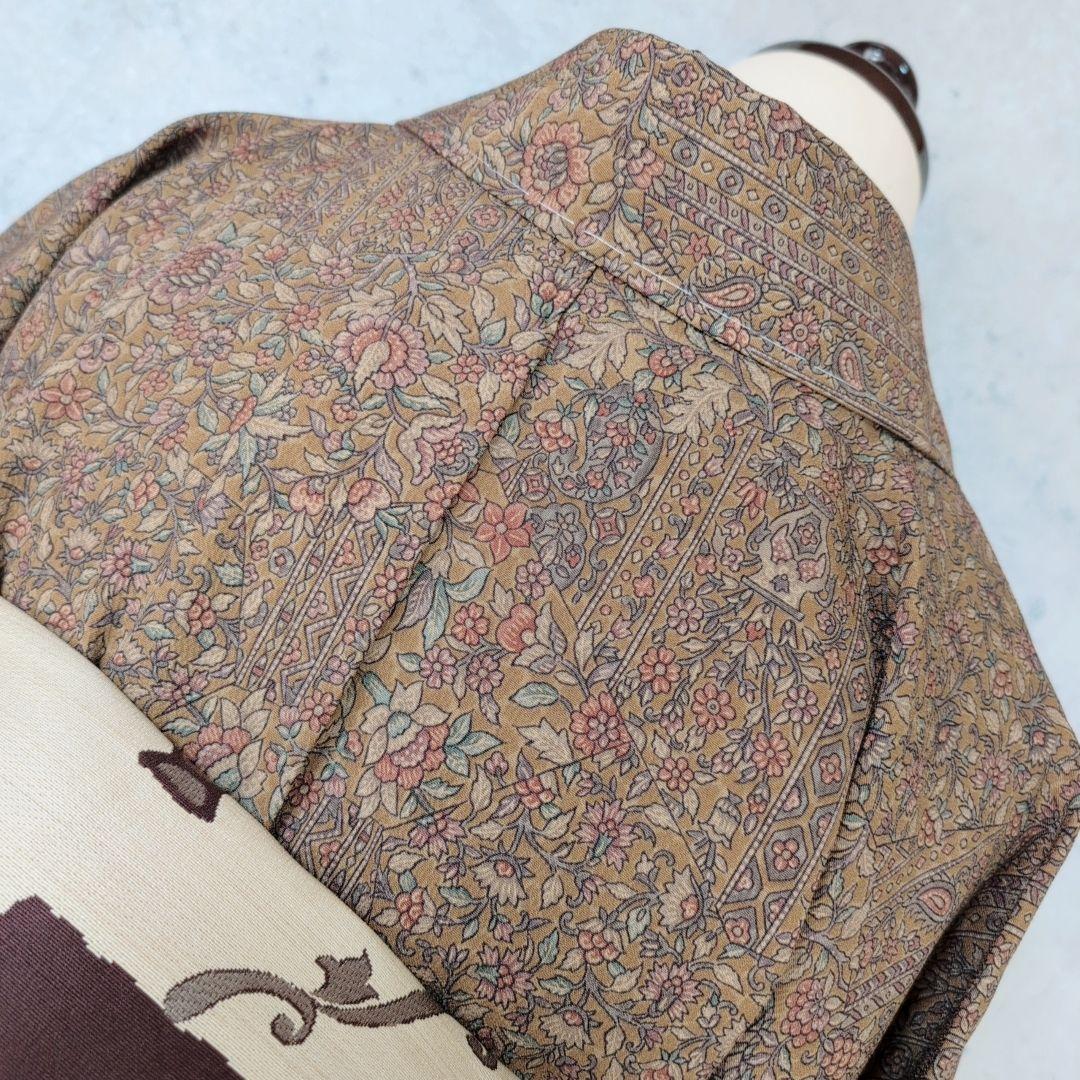 小紋付け下げ フルセット 着物 正絹 ブラウン 深緑 更紗 花 しつけ糸