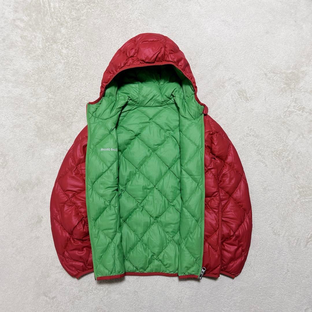 美品 モンベル down jacket parka green/red 収納袋付 - メルカリ