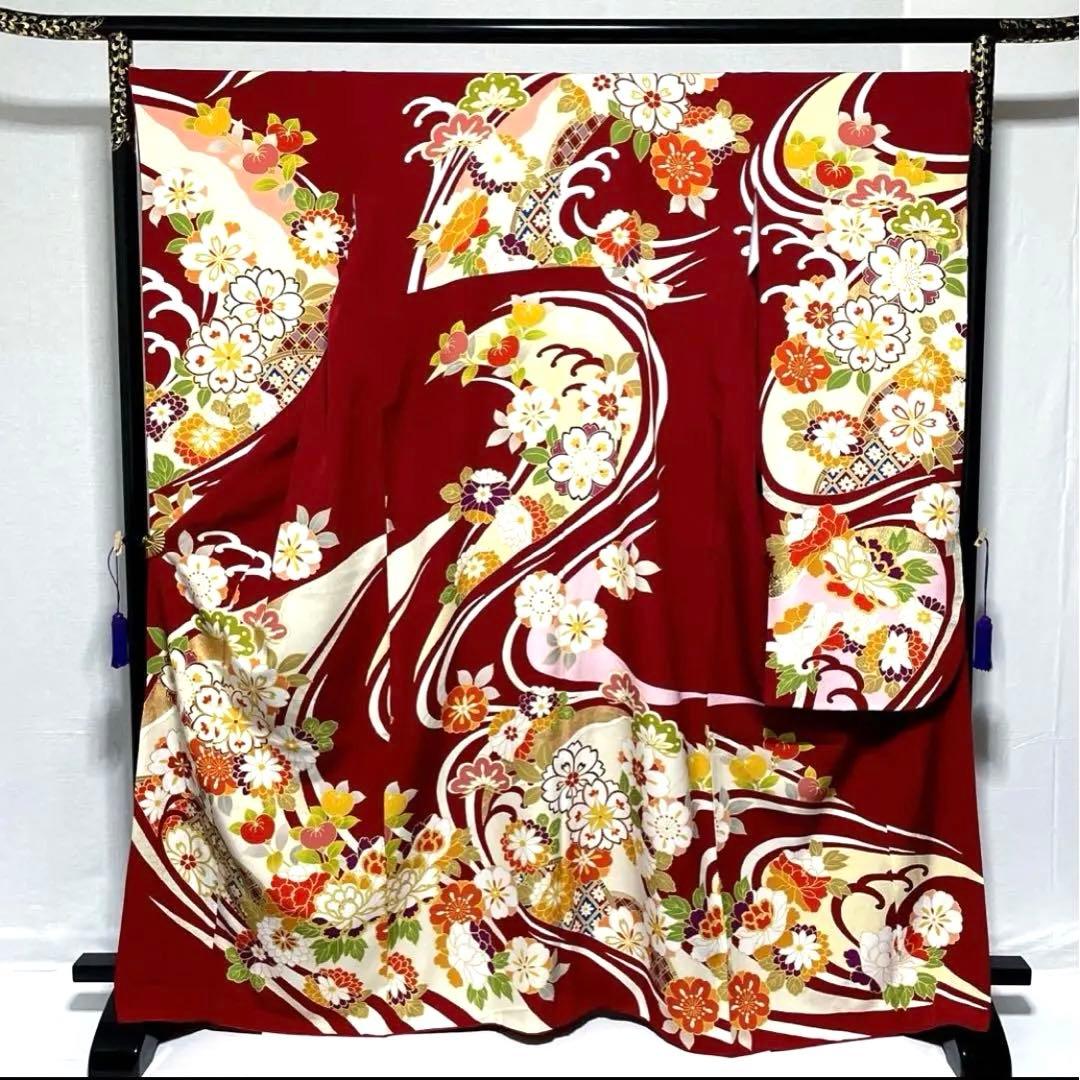 正絹　赤　【振袖】　中古　とても綺麗な状態 中古】【販売】 振袖 リサイクル 成人式 正絹 レッド 熨斗 桜 仕立て