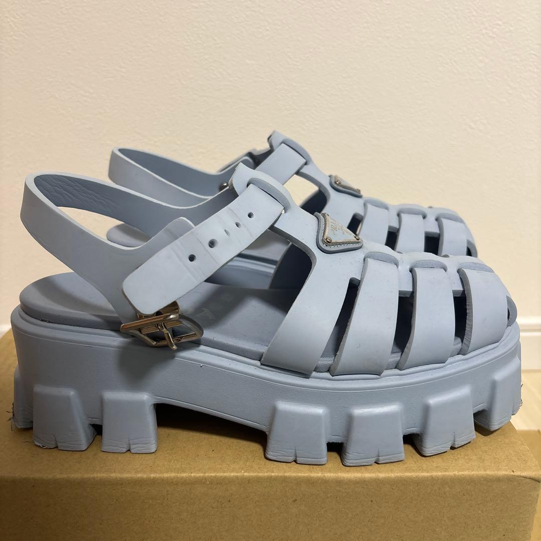 最終 PRADA モノリス ラバーサンダル 37 23.5cm プラダ ブルー
