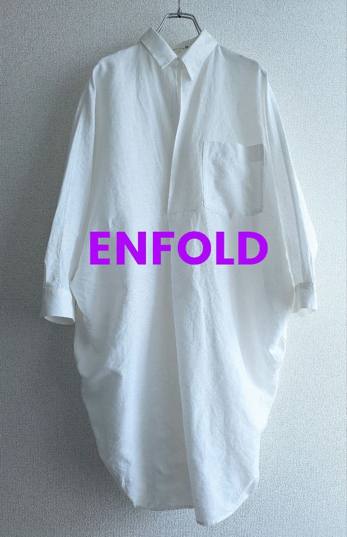 【美品】ENFOLD コクーン　スキッパーシャツ白チュニック　リネン混合 楽天市場】フレンチスリーブリネンスキッパーシャツワンピース