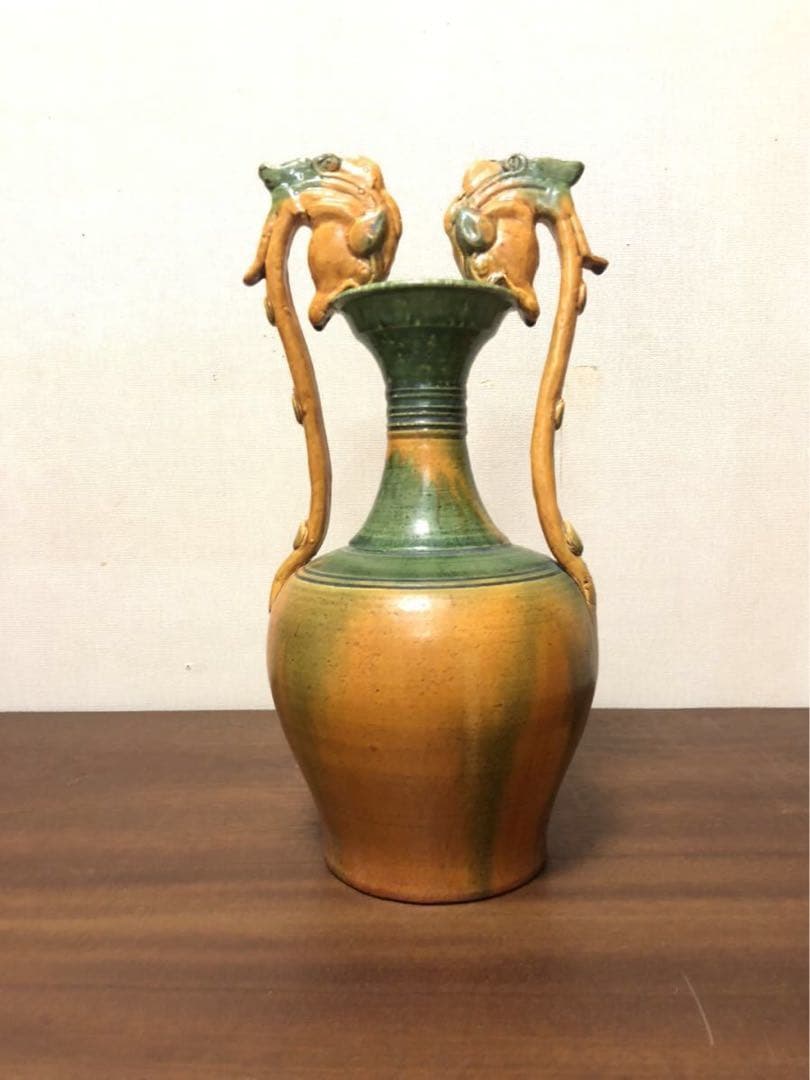 唐三彩 雙耳龍耳花瓶】 木箱付 遼三彩