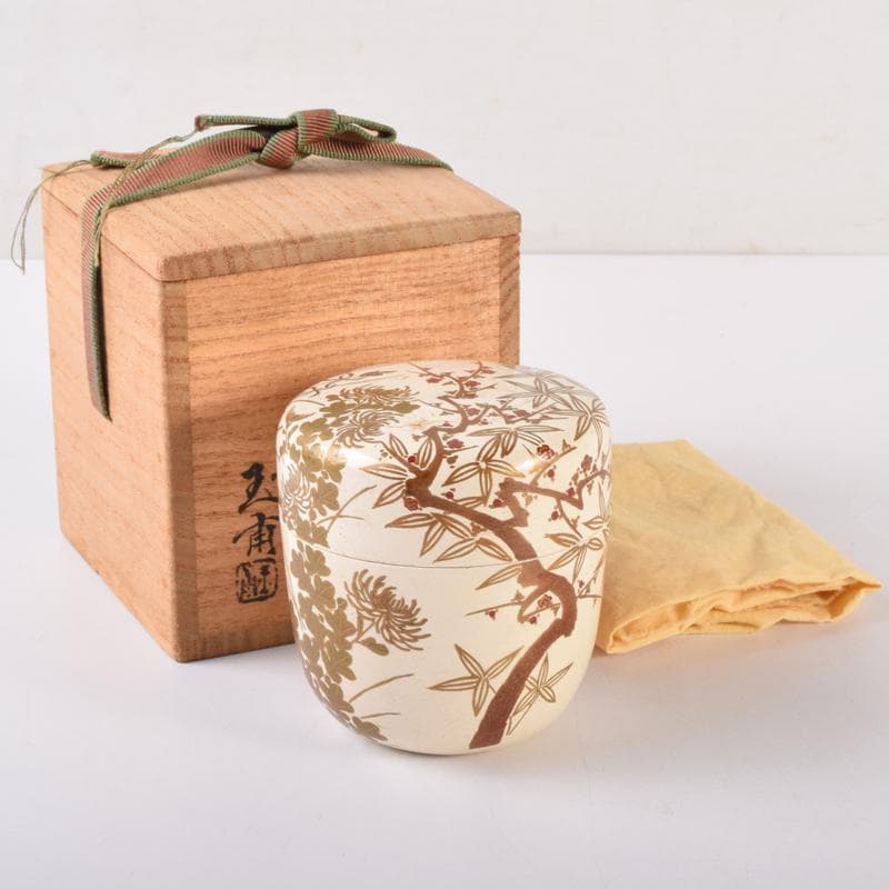 茶道具 稲井玉甫作 白漆 四君子蒔絵 棗 堀内宗完(兼中斎)書付箱 V 7126