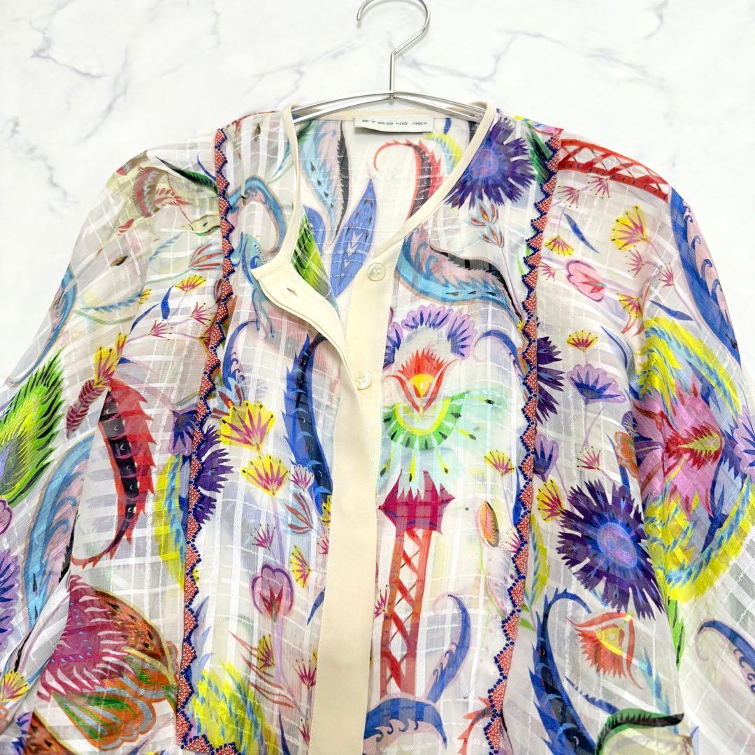 未使用級✨エトロ✨シルク ボタニカル柄シアーブラウス（M）ビーズ 馬