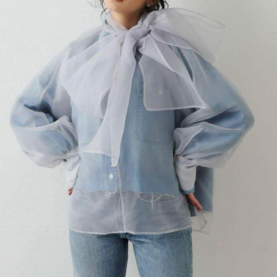 美品 ウィムガゼット Whim Gazette オーガンジーボウブラウスFグレー