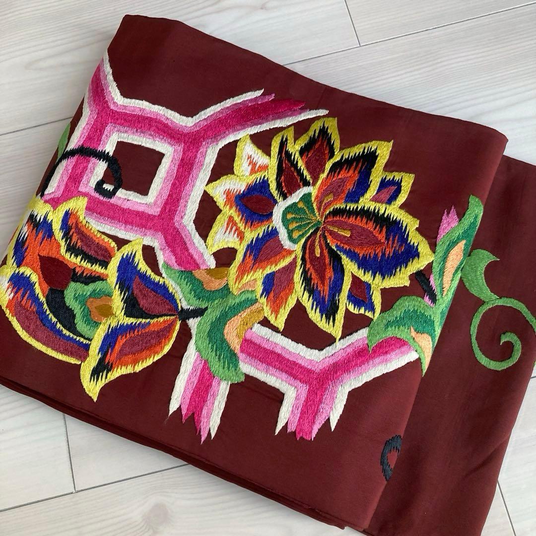 アンティーク名古屋帯　刺繍の花唐草　チョコレートブラウン　正絹　No.6-28