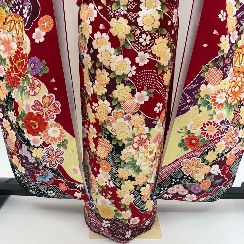 振袖 正絹 赤 黄色 古典花柄 裄68.8㎝ 成人式 中古 c-80 - メルカリ