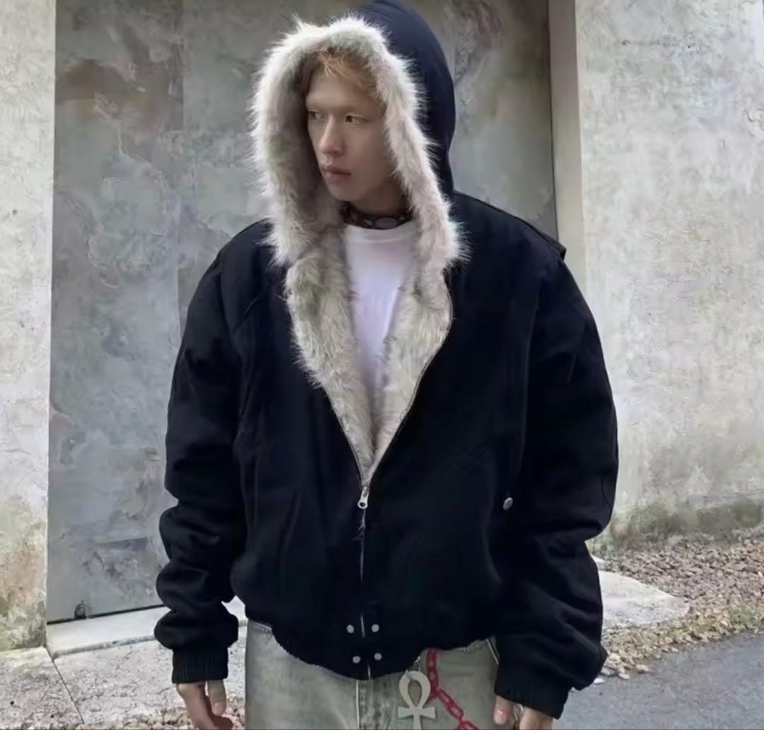 ファーパーカー ファージャケット y2k 黒パーカー グランジ パンク fur