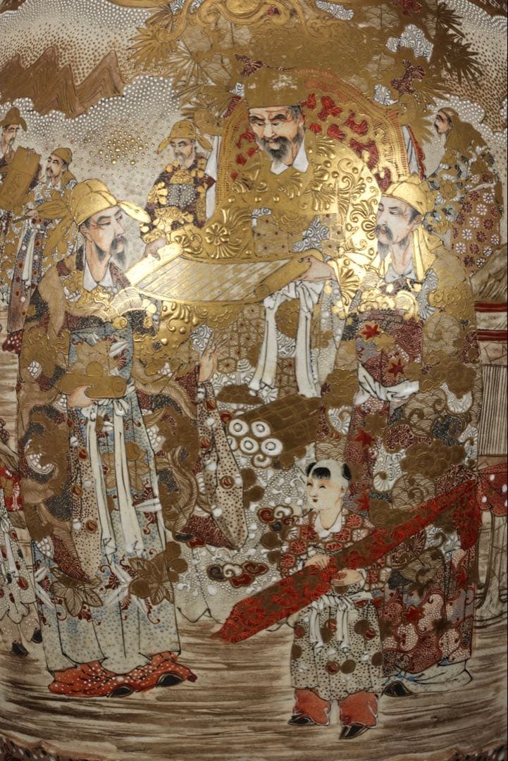 極上薩摩焼】特大金襴手色絵賢人図獅子摘蓋獅 香炉 飾壺 時代