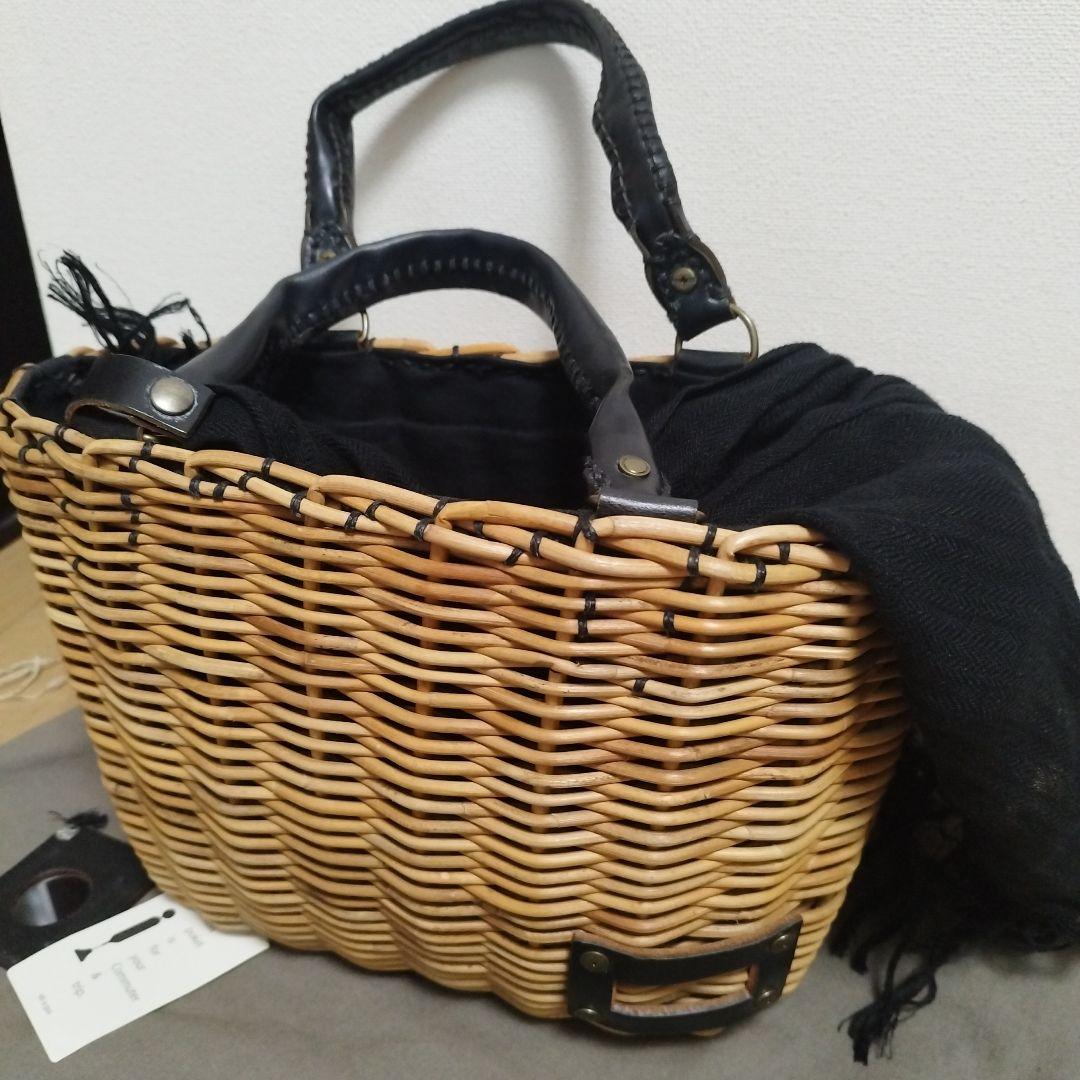 Hib☆Y☆エバゴス　かごバッグ　ブラック　リネン被せ ebagosポケット付バスケット・リネンかぶせ（籐ポケットかごバッグ