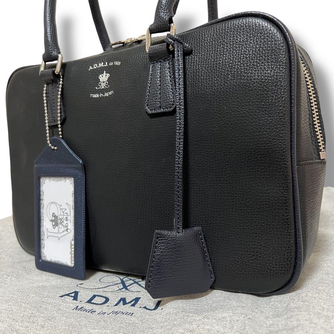 美品 A.D.M.J. ミニボストンバッグ レザー ブラック　パスケース 保存袋 ハンドバッグ 本革 レディース ボストンバッグ レザーバッグ 小さめ