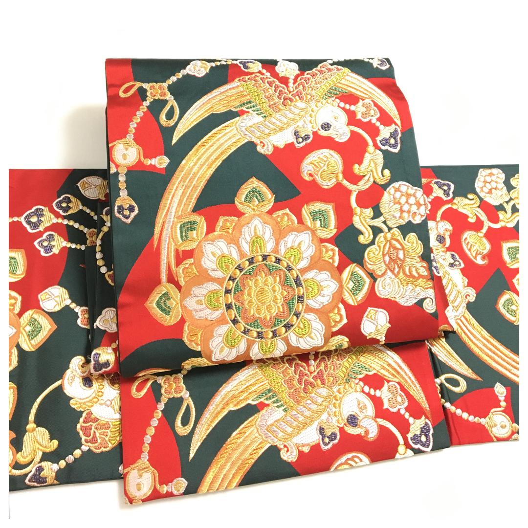 正絹 楽帯 袋帯 華喰い鳥 緑x赤 二部式 二重太鼓 作り帯 - メルカリ
