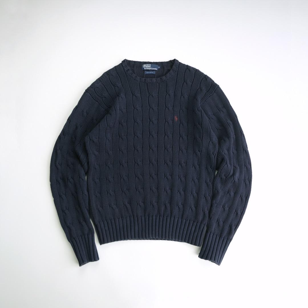 ラルフローレン 90s 刺繍ロゴ コットンケーブルニット 紺 S 古着