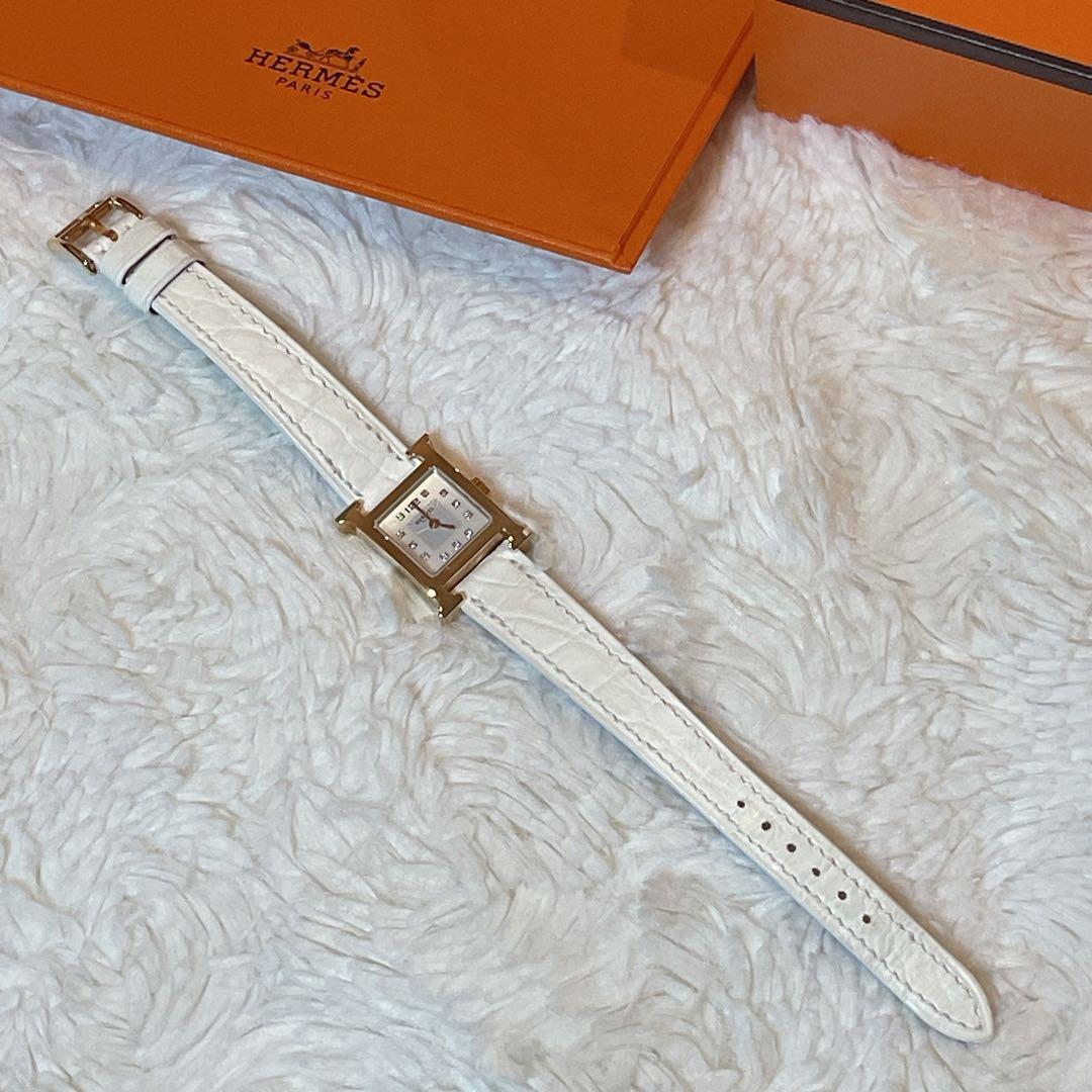 美品】エルメス Hウォッチ ミニ 11ダイヤ クロコベルト ホワイト