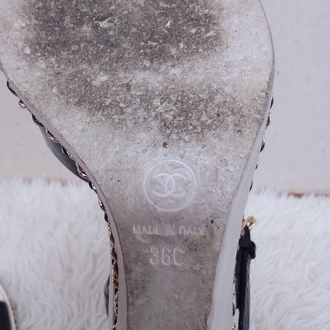 シャネル ミュール チェーン ココマーク ウッドソール 36c エナメル