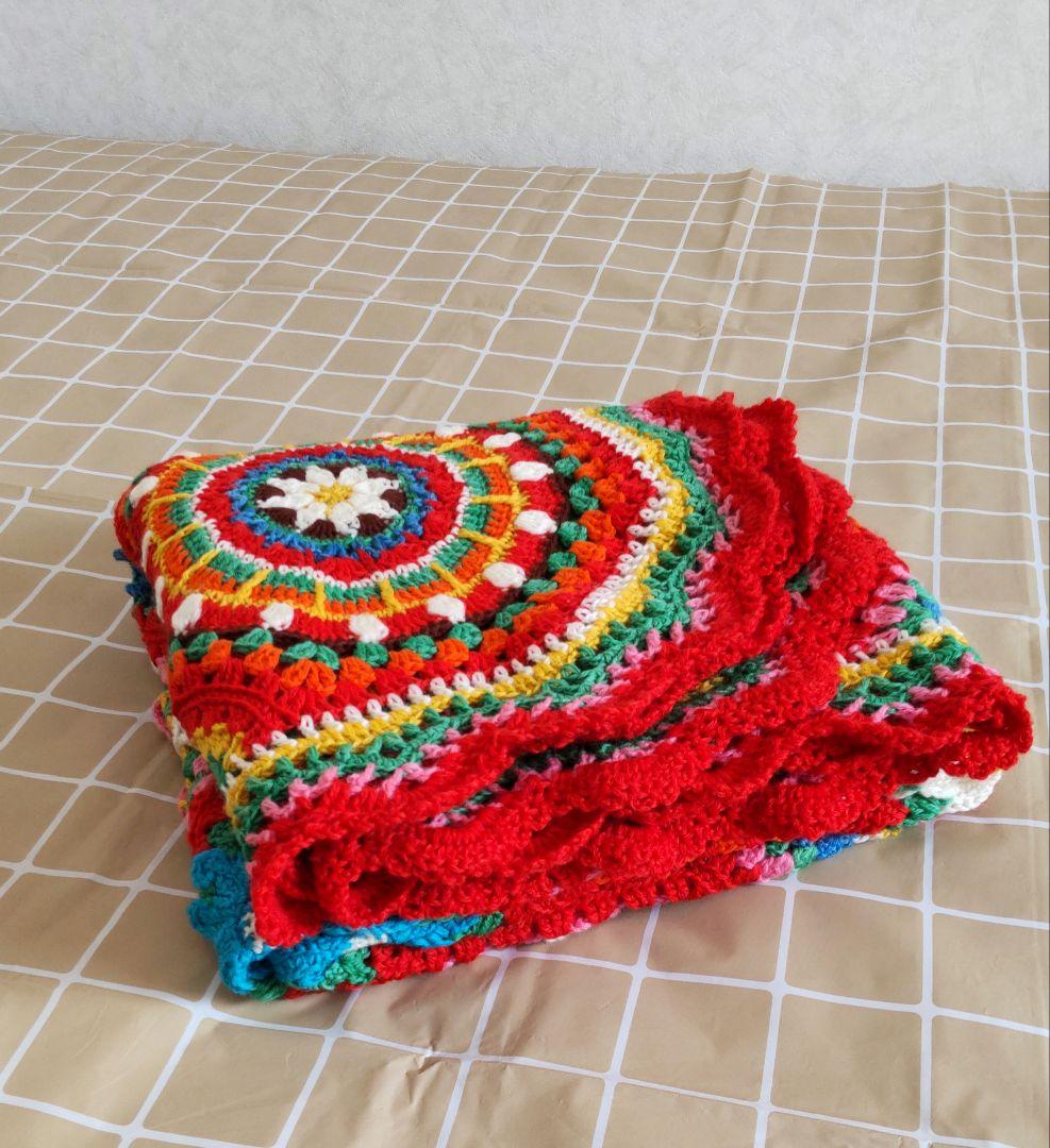 C426 手編みマルチカバー ブランケット モチーフ編み 大判 曼陀羅