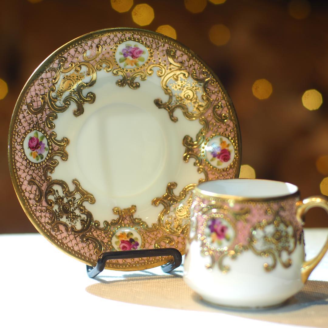 オールドノリタケ 金盛上陽刻桃地薔薇図紋 マルキ印 里帰り