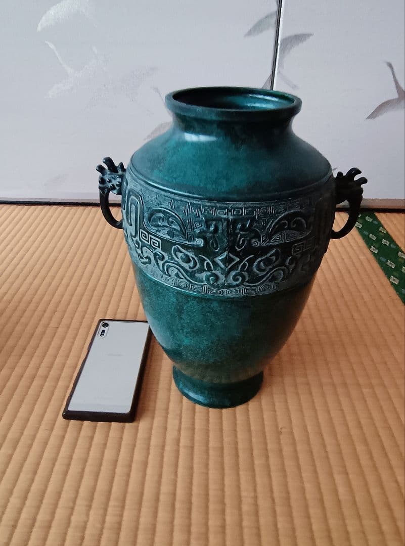 瑞峰作】高岡銅器 鋳銅花瓶 青海波 獣耳飾付 花器 飾壷 3月8日まで