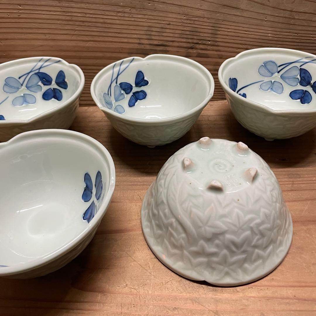 瀬246 統制陶器 片喰 足付鉢 5客【m1545 戦前 戦中 骨董 レトロ