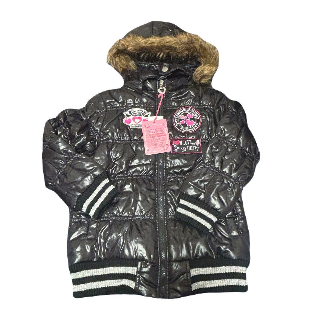 y2k 平成女児 平成ギャル ファー付き黒ダウンジャケット 短丈 光沢 肉