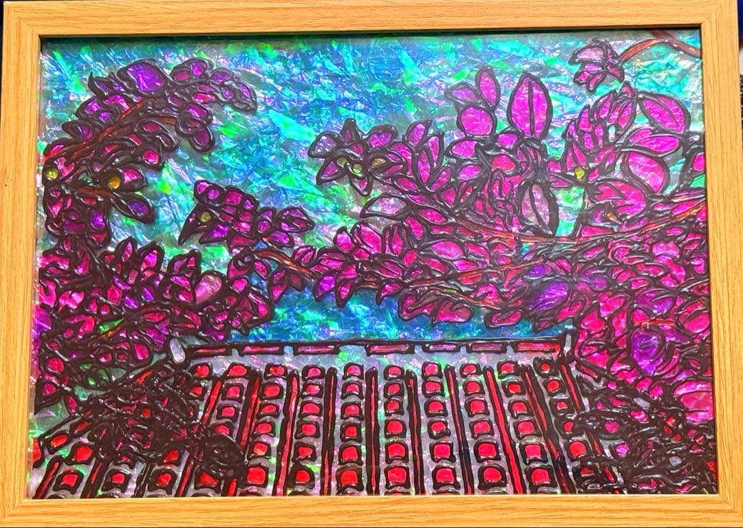 沖縄赤瓦とブーゲンビリアステンドグラスガラス絵の具手書きイラスト