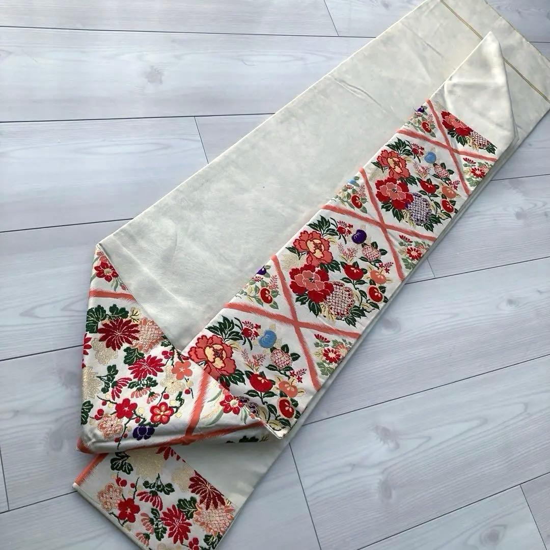 アンティーク名古屋帯 織り出し花模様 アイボリー 正絹 大正ロマンNo.28