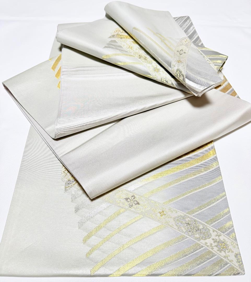 高級 袋帯 正絹 六通柄 グレー ホワイト 献上柄 訪問着 付け下げ