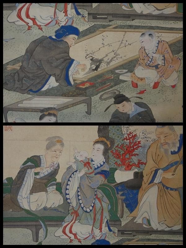 江戸中期絵師 南蘋派 岡岷山作『郭子儀図』絹本大型掛軸 真作 箱付