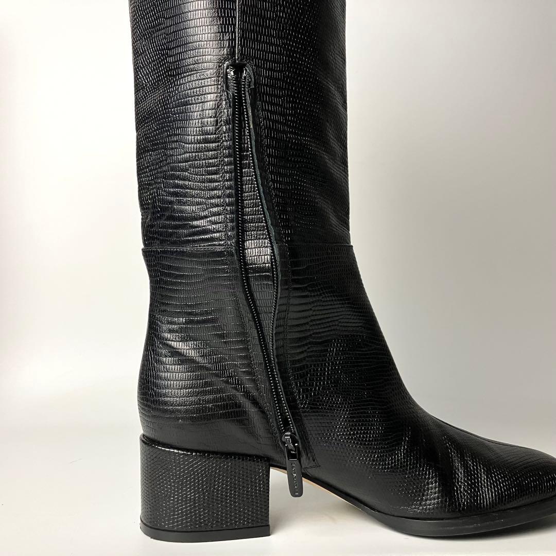 美品】セルジオロッシ リザードロングブーツ ブラックバックル 黒22.5
