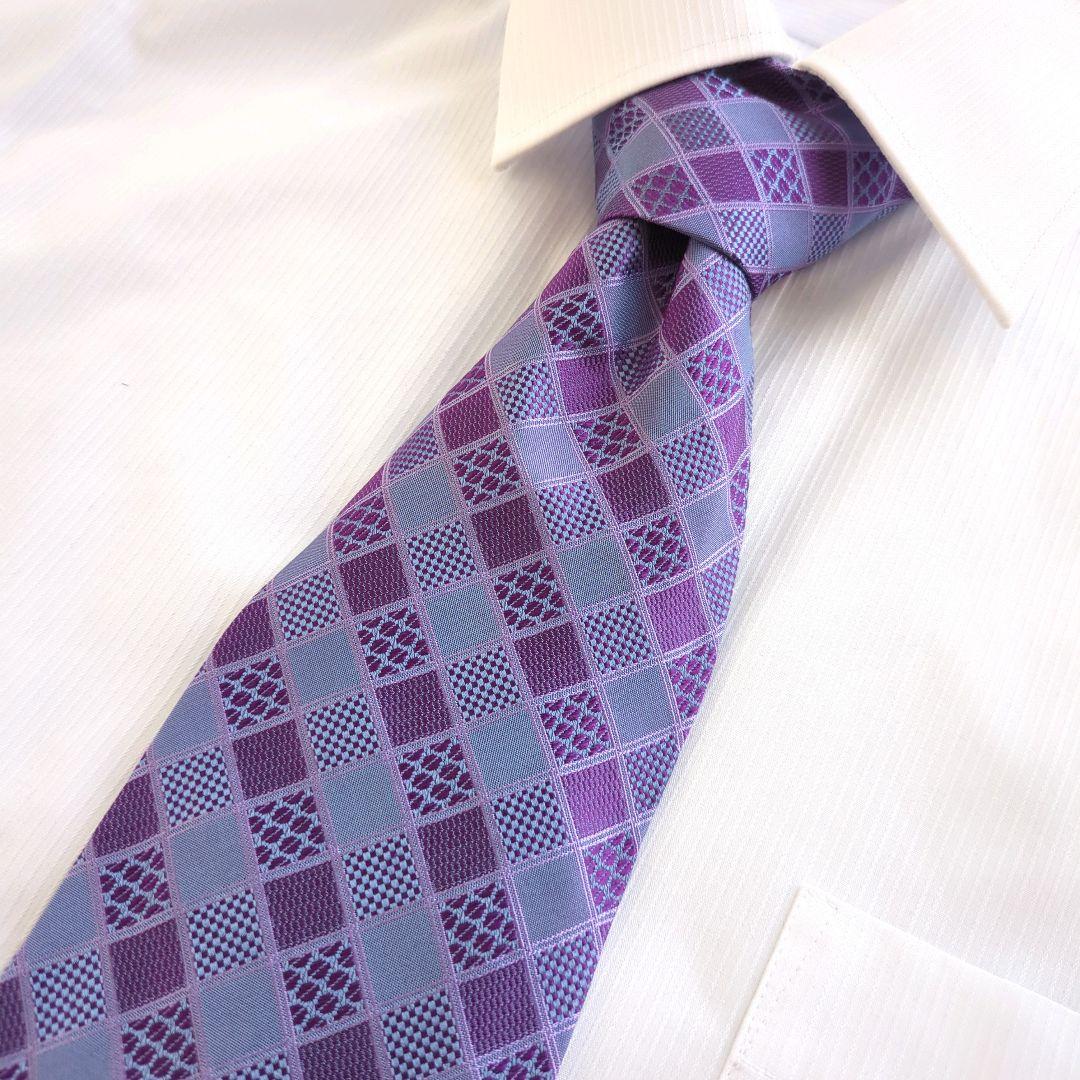 美品 クリスチャンディオール ネクタイ シルク100% 紫×水色 チェック柄