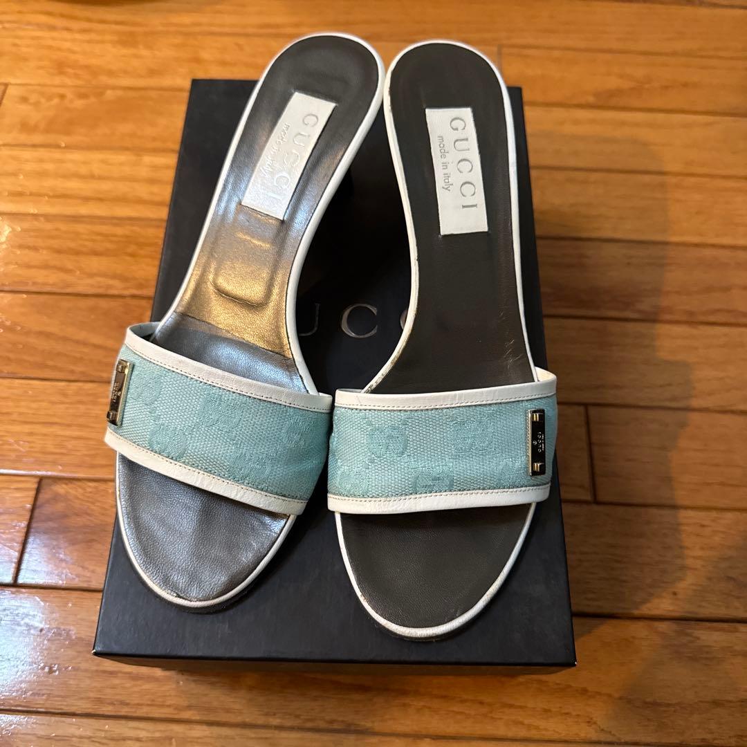 GUCCI 水色 ミュール 約5cmヒール 37 gucci-slide-sandals-blue-11-0-