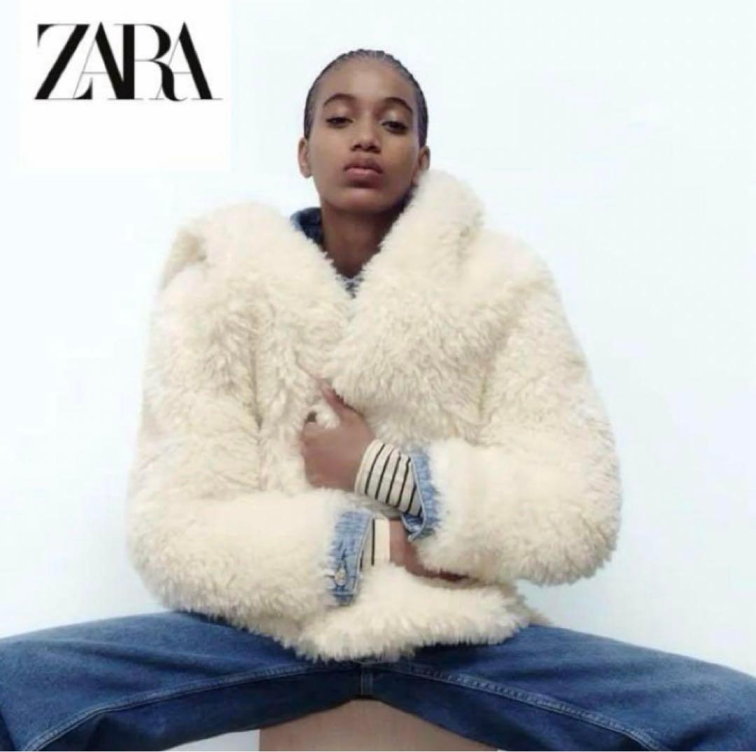 美品 ZARA フーデッド フェイクファー ジャケット ホワイト 白 XS